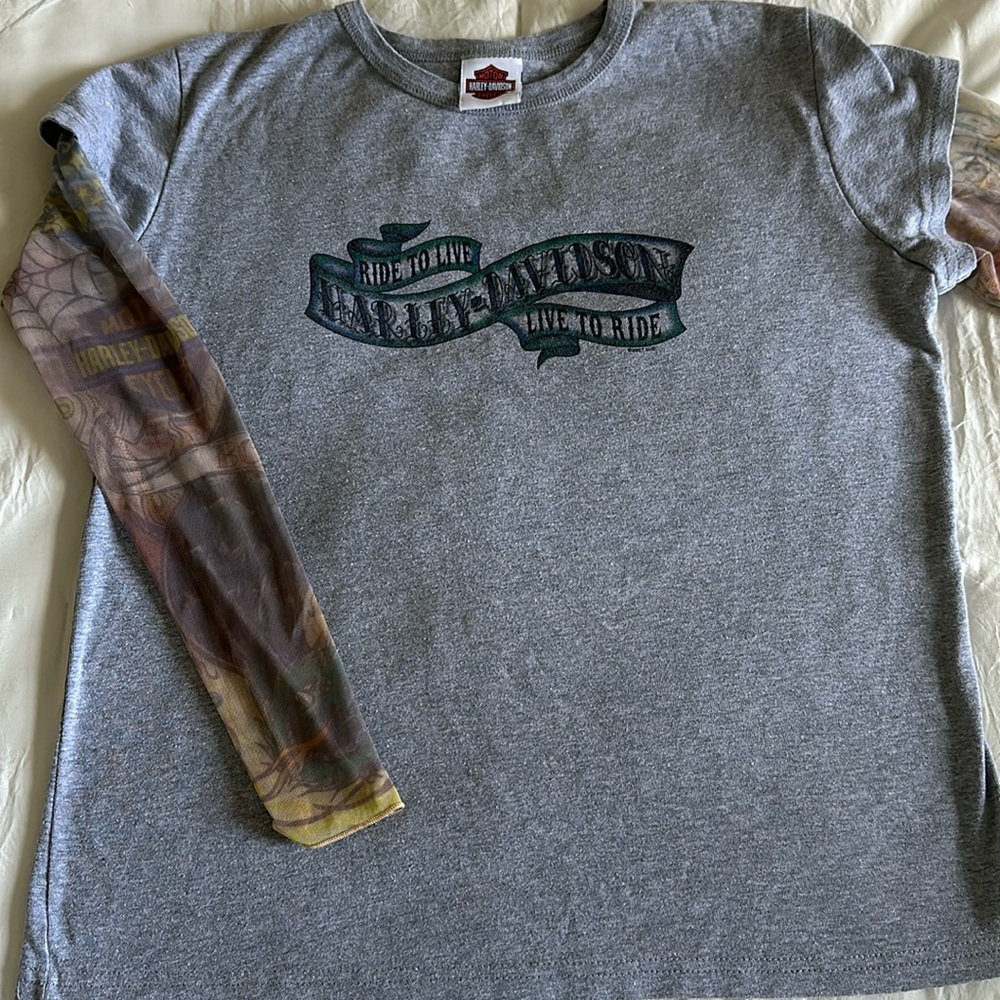 Harley Davidson Women XL Spellout Gray See Thru Logo Sleeves Alefs HD Wichita KS